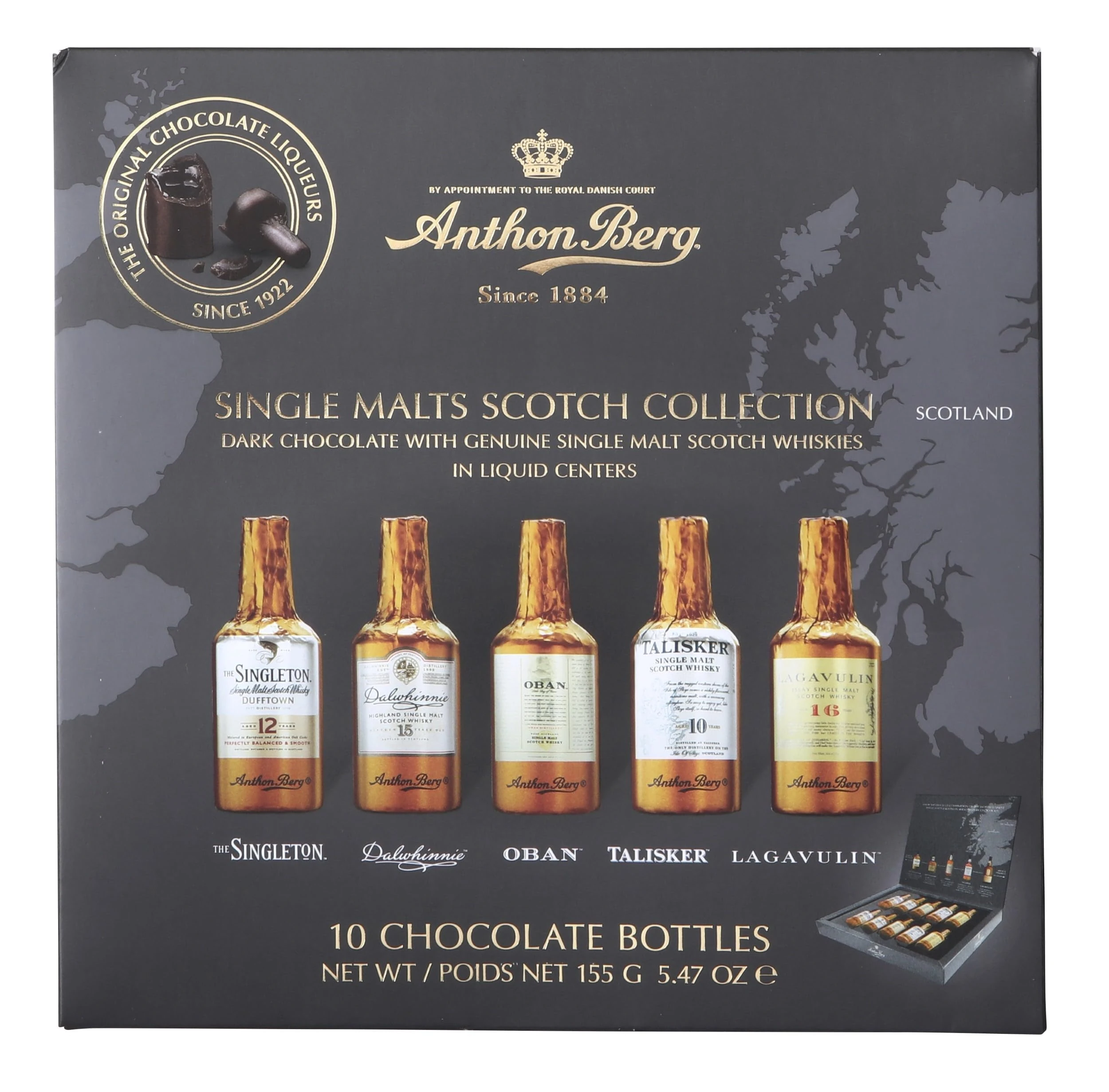 Anthon Berg 10 Single Malt Scotch Whisky Liqueurs, with a Delicious Chocolate filling, 155 g (Pack of 1)