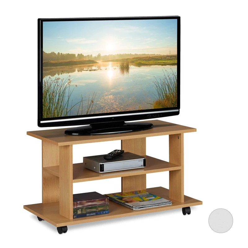 Relaxdays TV Stand on Castors, 2 Compartments, Console & Receiver Stand, Mobile Table HWD 45x80x40 cm, Natural