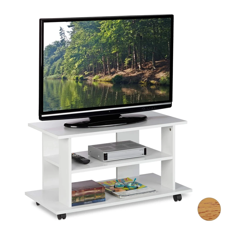 Relaxdays TV Stand on Castors, 2 Compartments, Console & Receiver Stand, Mobile Table HWD 45x80x40 cm, White