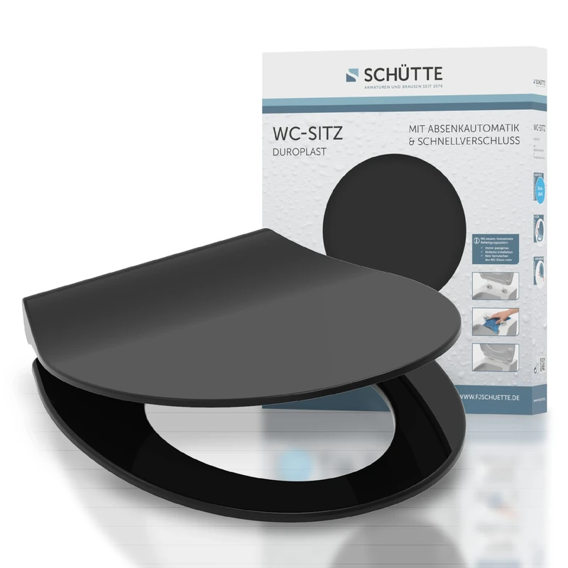 SCHÜTTE Slim Black Toilet Seat, Duroplast Toilet Seat with Soft-Close Mechanism, Toilet Lid with Quick Release for Easy Cleaning, Toilet Seat Suitable for All Standard Toilet Bowls, Black