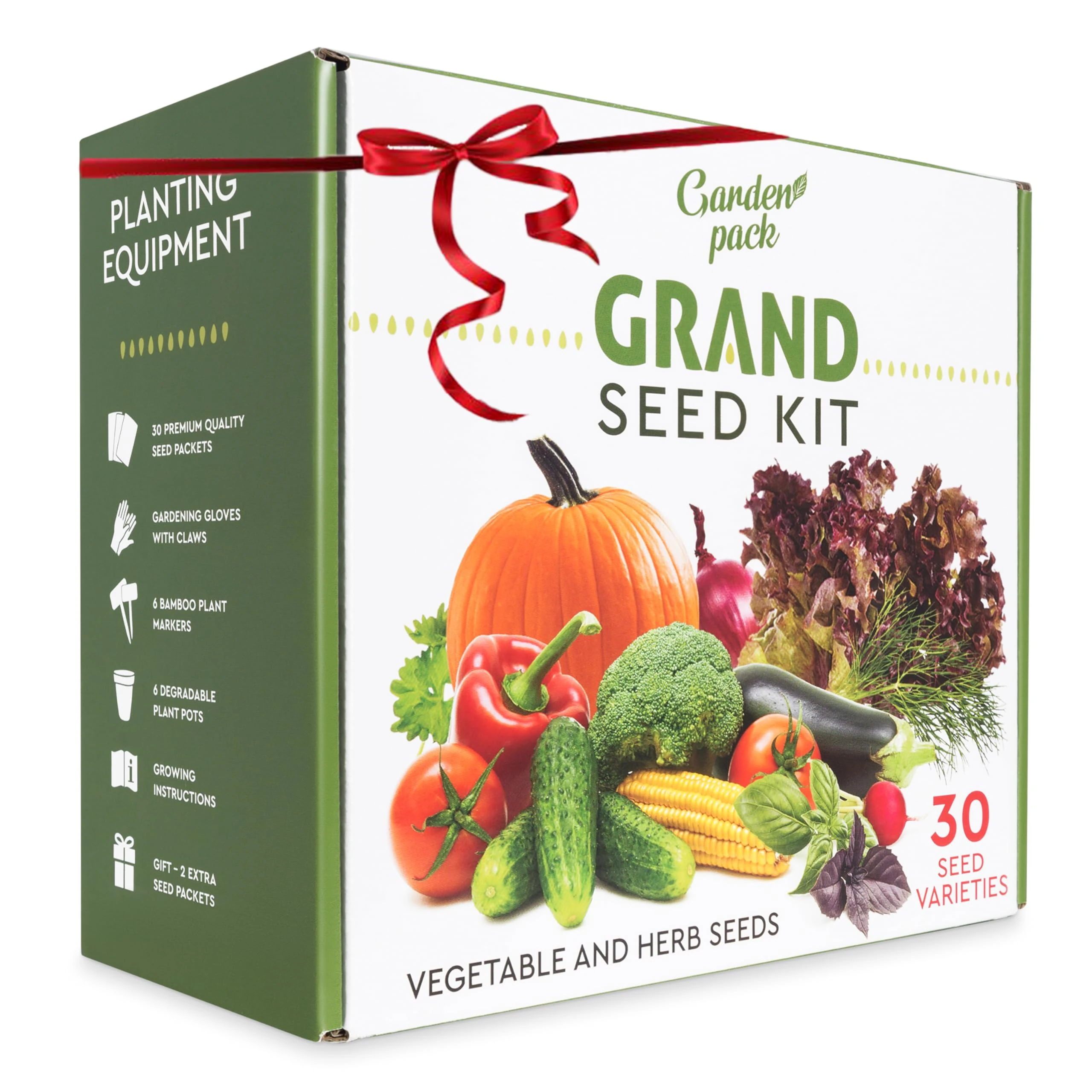 Grand Seed Growing Kit - 30 Vegetable Seeds Varieties - Gloves with Claws, 6 Biodegradable Peat Pots, 6 Bamboo Plant Markers - Grow Your Own Indoor Garden - Ideal Gardening Gift