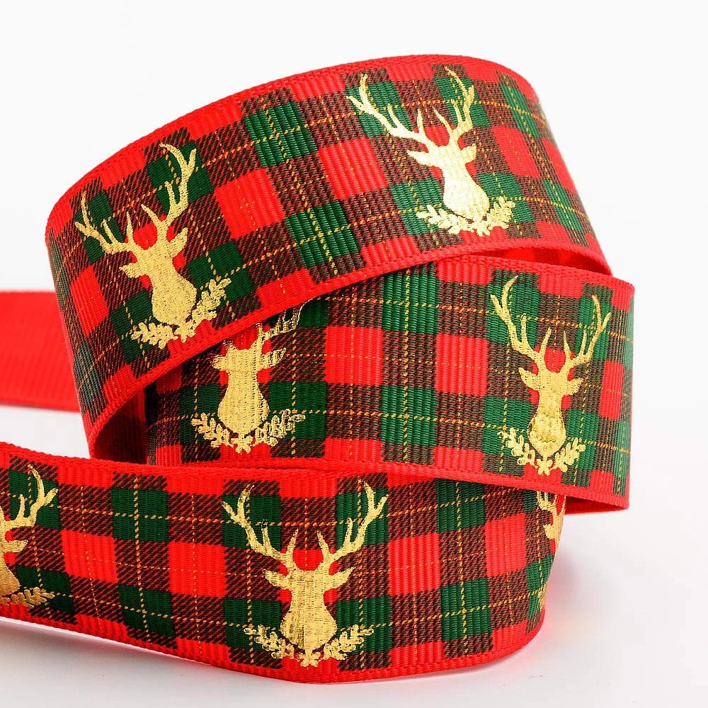 Italian Options - Red Scottish Tartan Christmas Ribbon with Gold Foil Stag Print - 25mm x 10 Metre Rolls