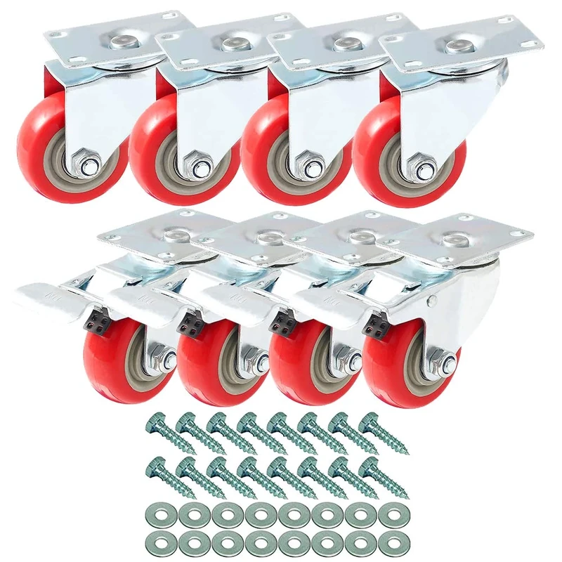 8 PCS 75mm up to 400KG, Heavy Duty Red PU Swivel Castor Wheels, 4 No Brake + 4 Brake for DIY, Furniture Trolley Wheels with Double Ball Bearings Swivel Head, Caster Wheel with Screws