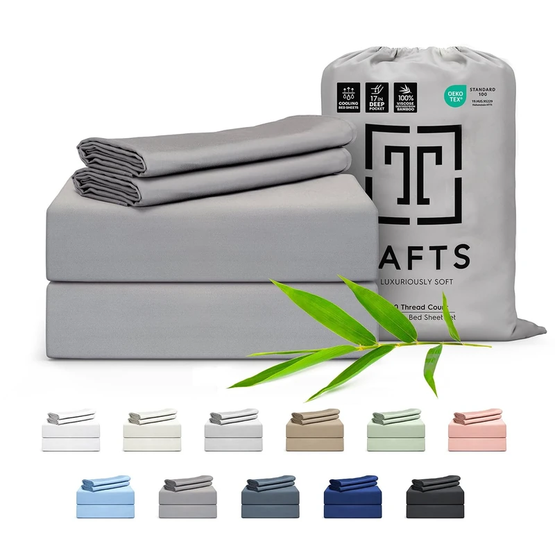 Tafts 100% Viscose Bamboo Bedding Set Luxurious Soft Silky Cool Double Knit Bed Sheets, King (Grey)