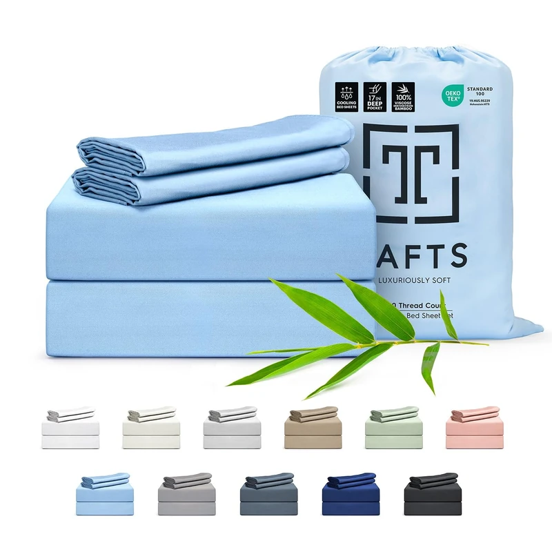 Tafts King Sheets Set, Pure 100% Viscose derived from Bamboo Bed Sheets Set, Luxuriously Soft, Silky, Cooling Sheets, Double Stitched, Lifetime Quality Promise (Sky Blue)