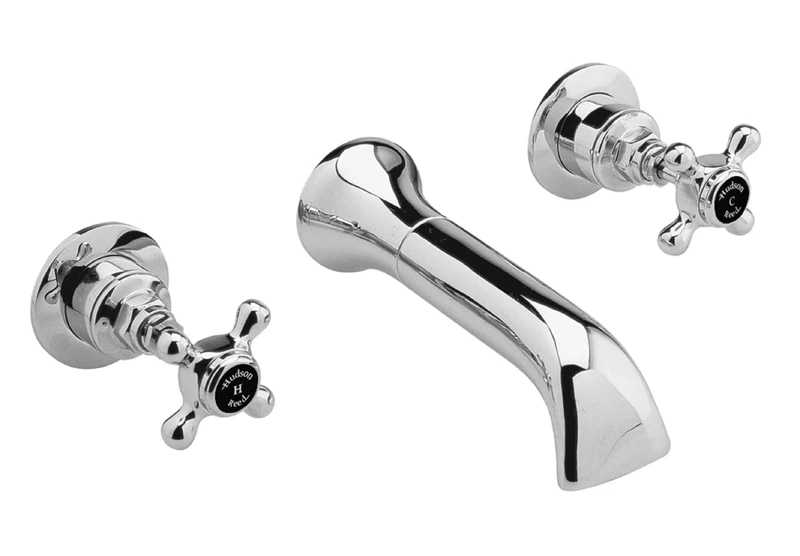Hudson Reed Old London BC417HX Topaz | Traditional Bathroom 3 Hole Wall Mounted Basin Mixer Tap with Crosshead Handles and Hexagonal Collars, 55mm x 180mm, Chrome/Black, 3TH