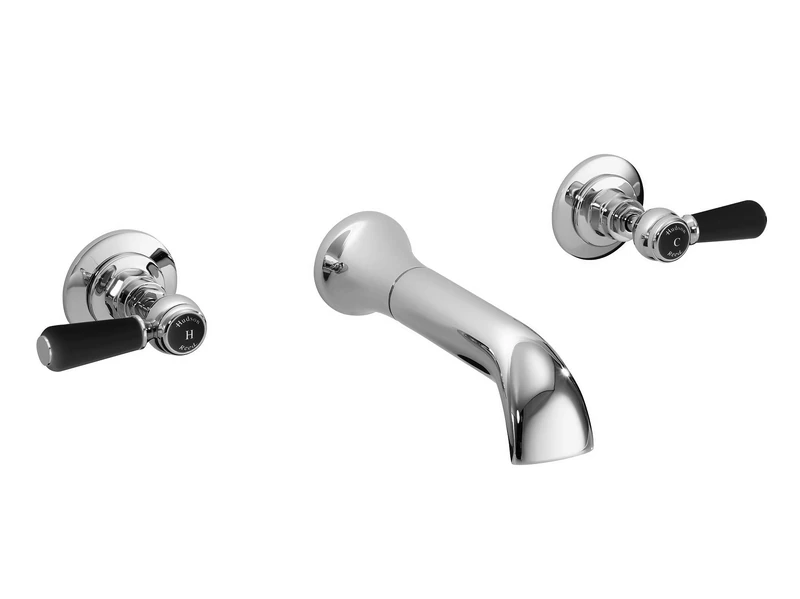 Old London BC417HL Topaz | Traditional Bathroom 3 Tap Hole Wall Mounted Basin Mixer Tap with Lever Handles and Hexagonal Collars, 55mm x 180mm, Chrome/Black