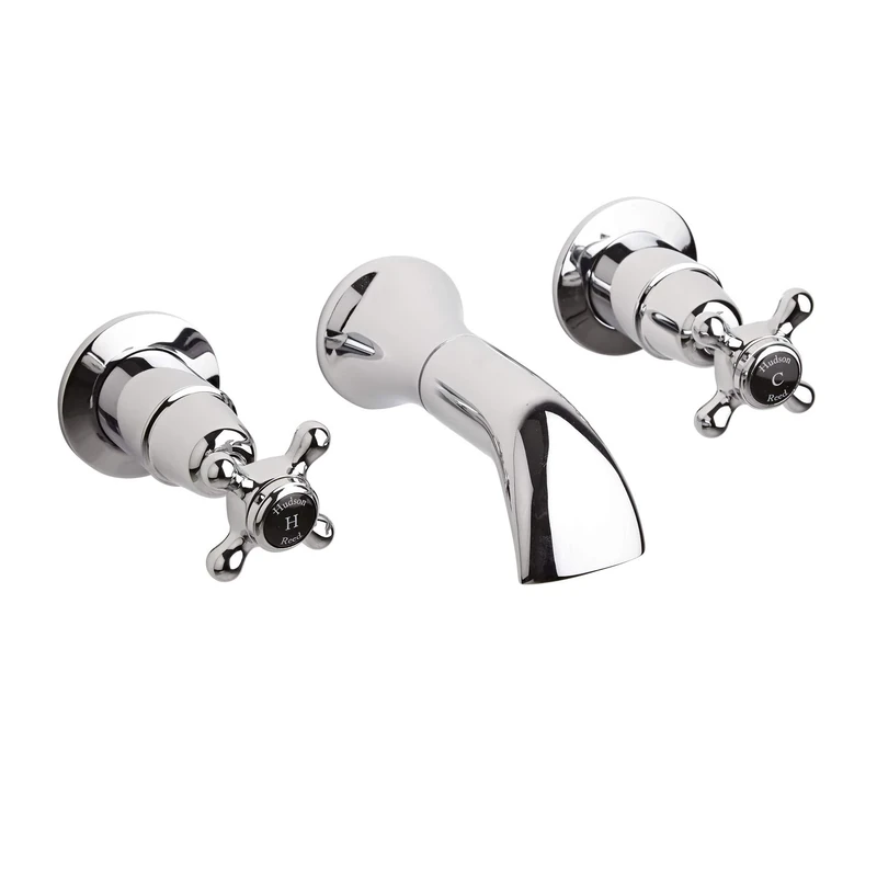 Old London BC417DX Topaz | Traditional Bathroom 3 Tap Hole Wall Mounted Basin Mixer Tap with Crosshead Handles and Domed Collars, 55mm x 180mm, Chrome/Black