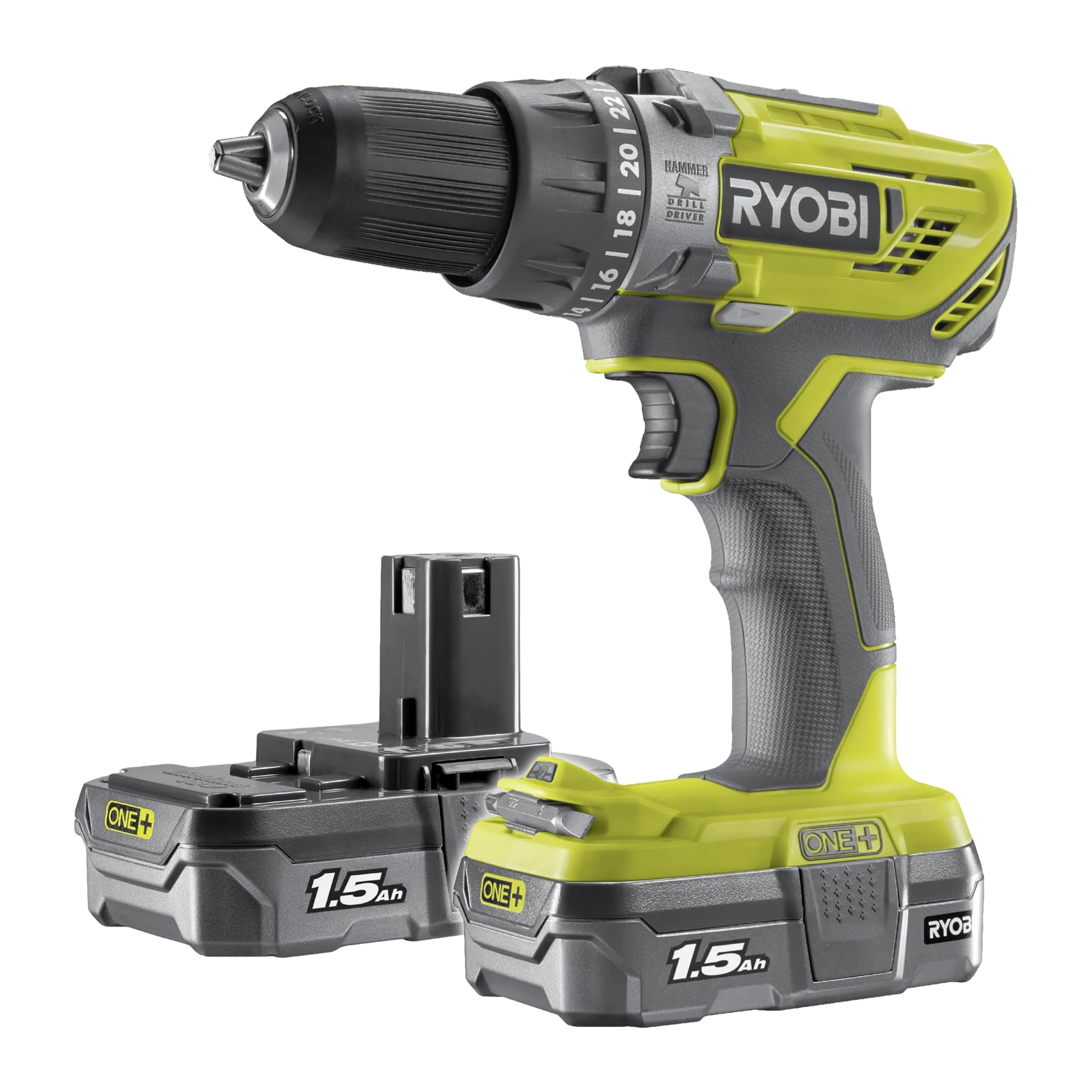 RYOBI 18 V ONE plus Cordless Combi Drill Starter Kit, Hyper Green, With 2 x 1.5 Ah Batteries