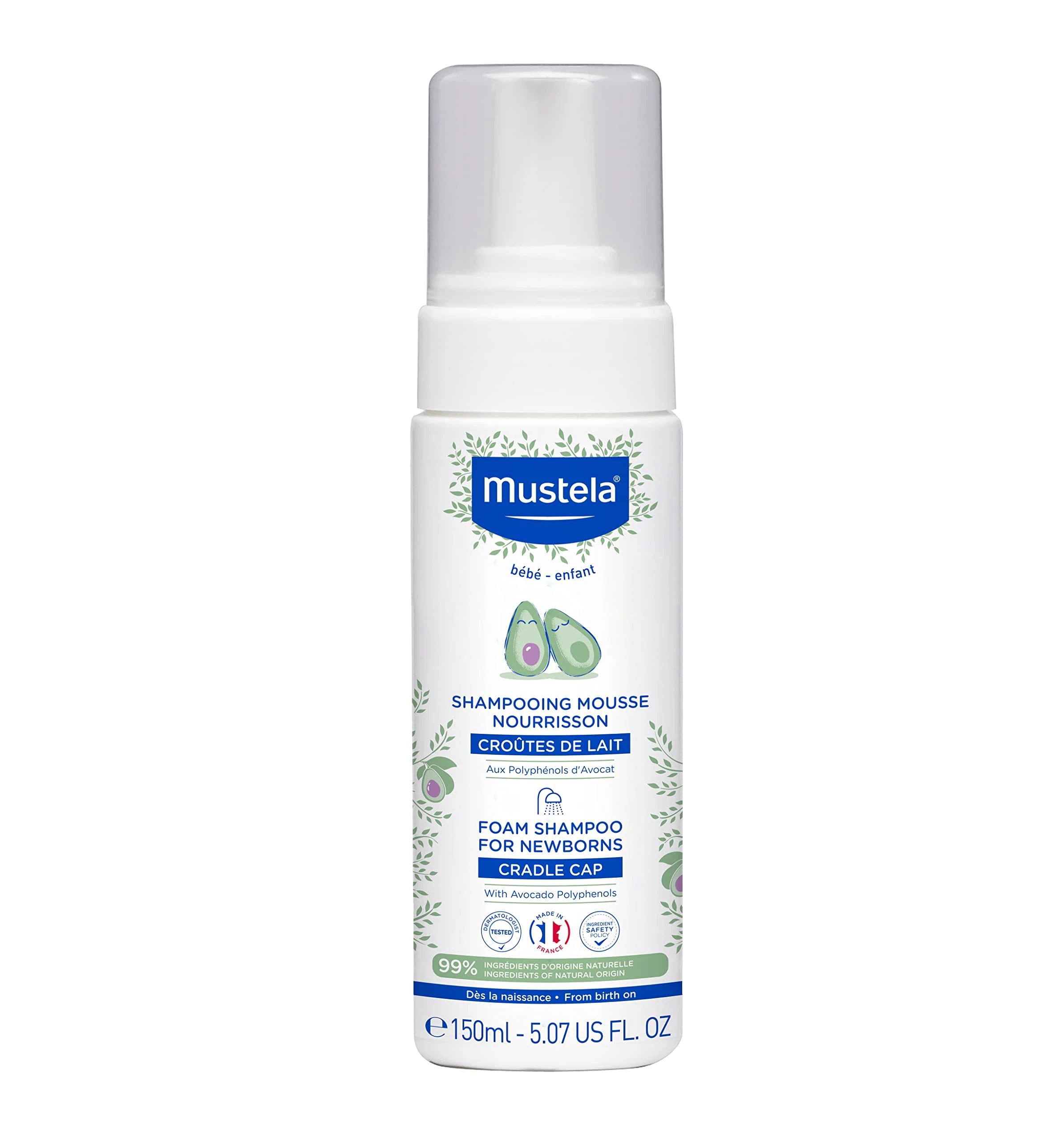 Mustela - Foam Shampoo for Newborns – Tear-Free Baby Shampoo with 99% Natural Ingredients and Avocado Polyphenol – Limits Cradle Cap and Soothes the Scalp – Gentle Hair Care Formula – 150ml