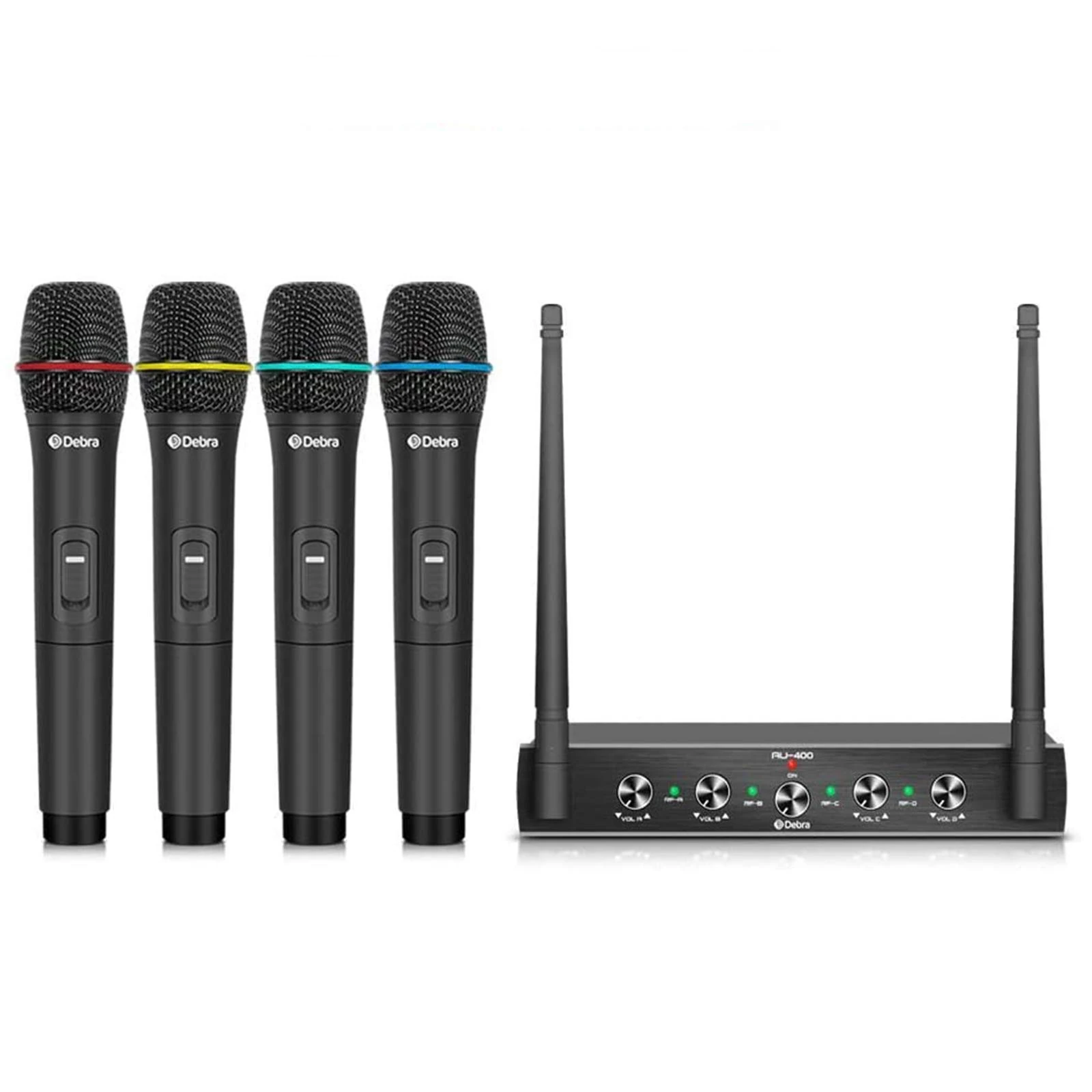 D Debra Audio Pro UHF 4-Channel Wireless Mic System, Handheld Mics, Metal Receiver, Ideal for Karaoke, Church, Parties (4 Handheld B)