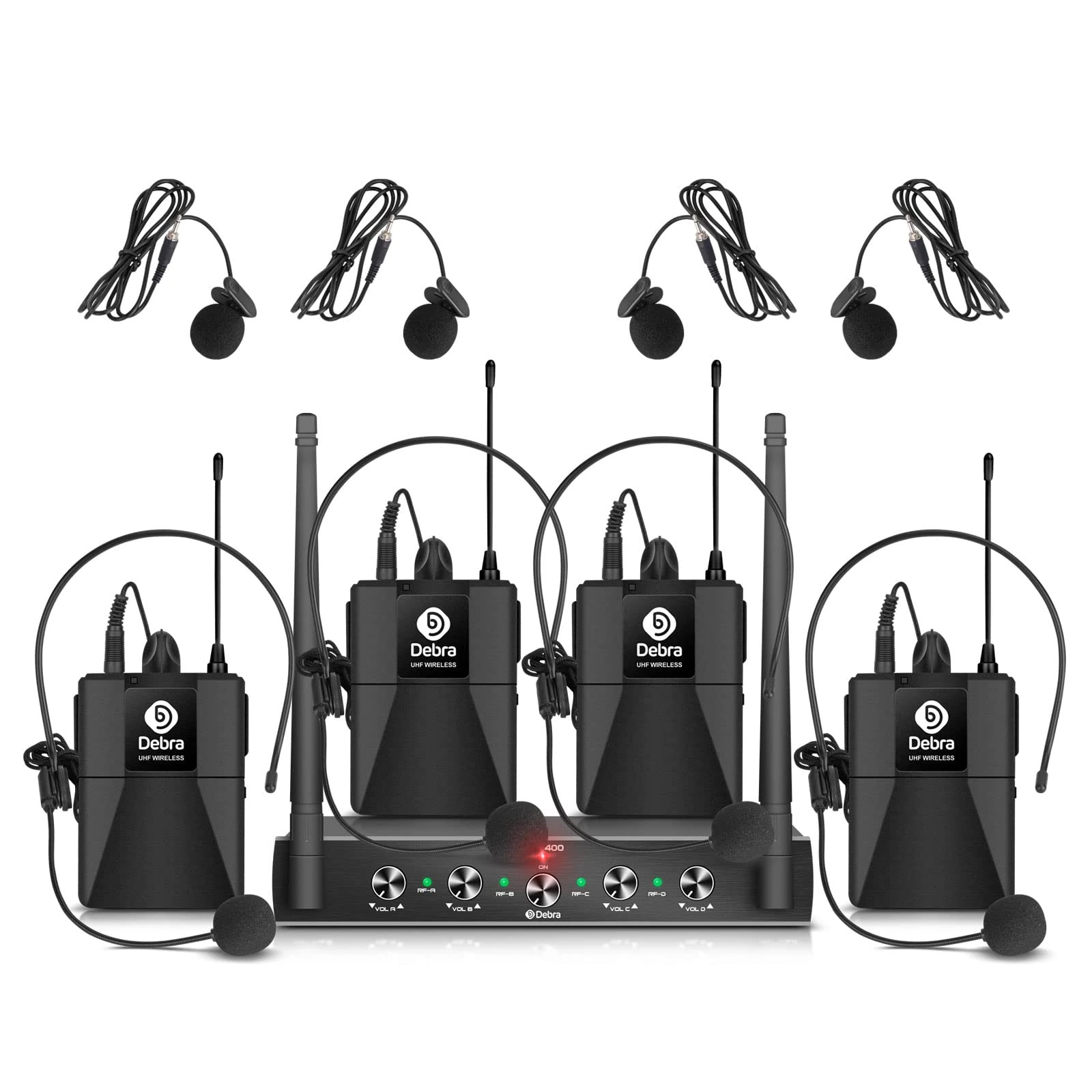 Audio Pro UHF 4-Channel Wireless Mic System, Cordless Lavalier & Headset Mics, Metal Receiver, Perfect for Karaoke, Church, Parties (4 Bodypacks B)