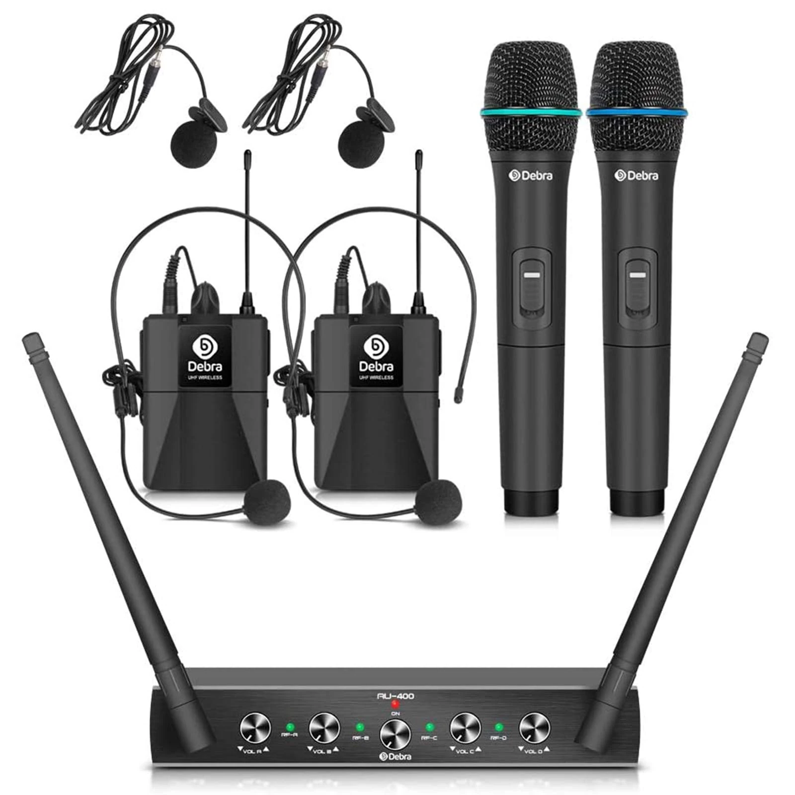 Audio Pro UHF 4-Channel Wireless Mic System, Handheld, Lavalier & Headset, Metal Receiver for Karaoke, Church, Party (Set A with 2 Handheld & 2 Bodypack)