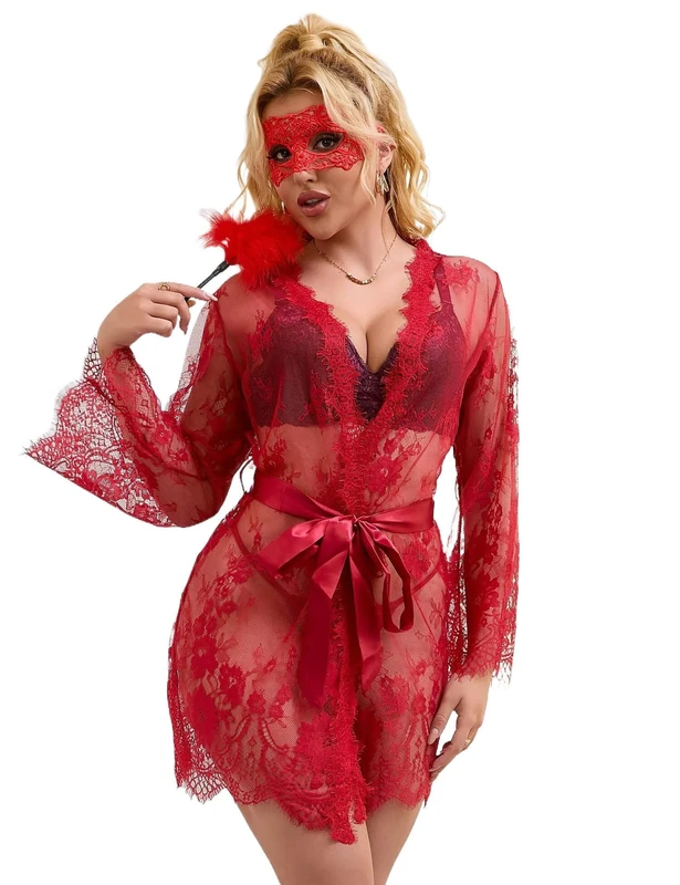 ohyeahlady Womens Sexy Lingerie Set Plus Size Babydoll Nightwear Kimono Dressing Gown Lace Robe with G-String,Belt, Red Size UK 16-18