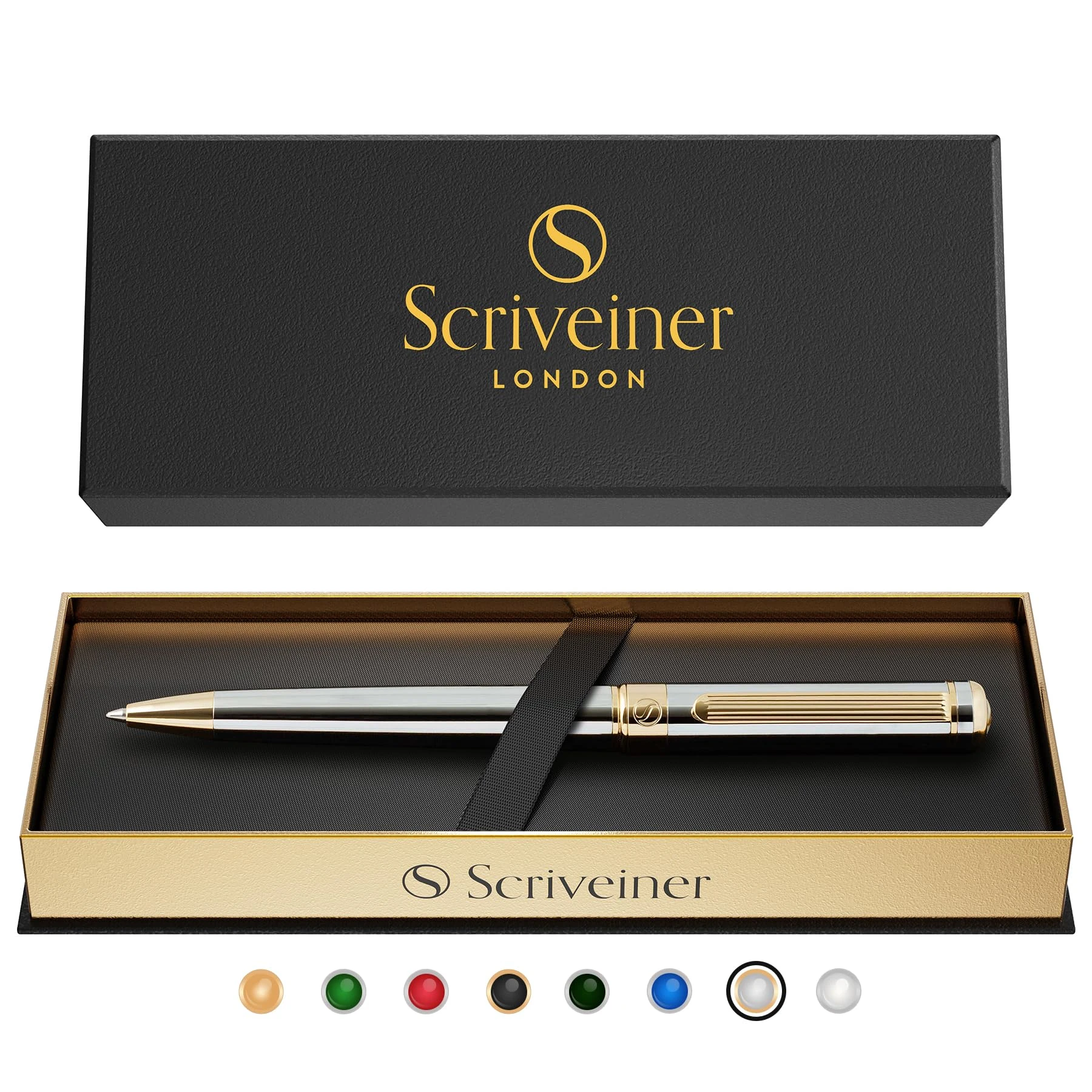 Scriveiner Silver Chrome Ballpoint - Stunning Luxury Pen, Real Gold Finish, Schmidt Black Refill, Best Ball Pen Gift Set for Men & Women, Professional, Executive, Office, Nice, Fancy Pens