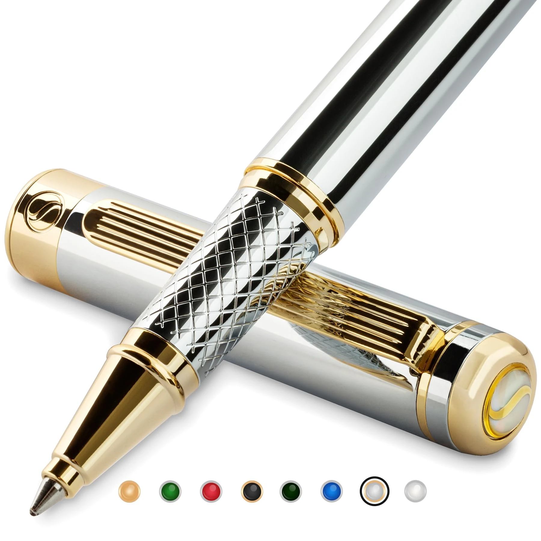 Scriveiner Silver Chrome Rollerball Pen - Stunning Luxury Pen, Real Gold Plating, Schmidt Ink Refill, Best Roller Ball Pen Gift Set for Men & Women, Professional, Executive Office, Nice, Fancy Pens