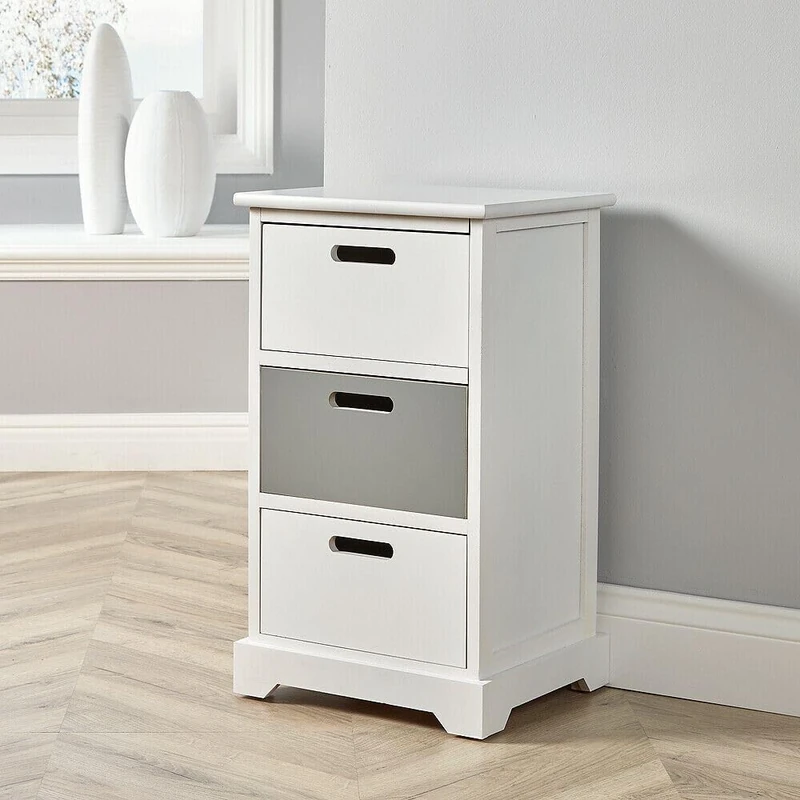 Home Source Chest Bedside Table, Wooden Home Storage Organiser, White and Grey, 3 Drawer