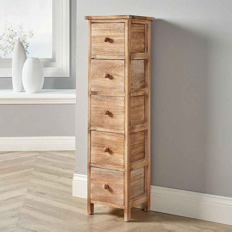 Home Source Natural Wooden Chest of Drawers, Tallboy Storage Unit Bedroom Organiser Bedside, 5 Drawer