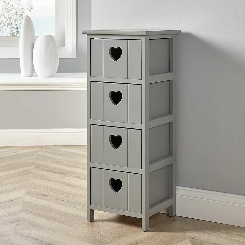 Home Source Chest of Drawers, Wooden Storage Unit Bedroom Organiser Bedside, Love Heart Design, 4 Drawer, Grey