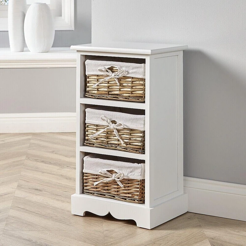 Home Source Bedroom Wooden Storage Unit, Woven Willow Wicker Baskets, 3 Drawer Cabinet Chest, White
