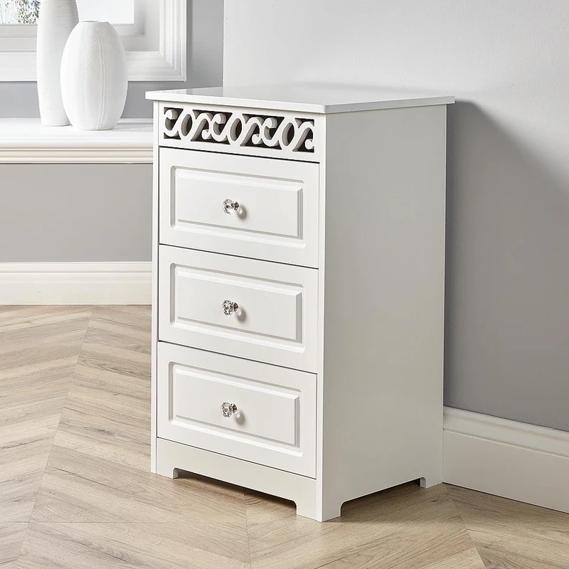 Home Source White Wooden Chest Storage Unit Bedroom Organiser Bedside Tallboy, 3 Drawer
