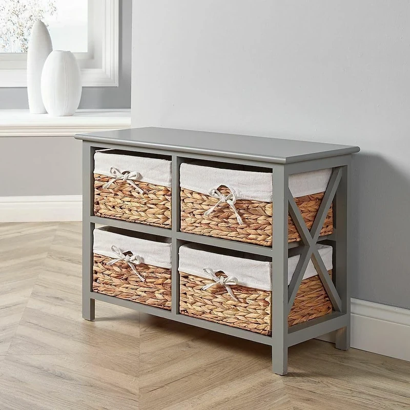 Home Source Wooden Storage Cabinet Chest Water Hyacinth Basket Hallway Organiser Unit, Grey, 4 Drawer