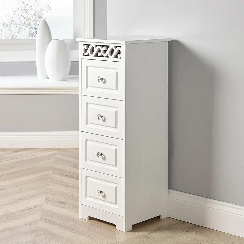 Home Source White Wooden Chest Storage Unit Bedroom Organiser Bedside Tallboy, 4 Drawer