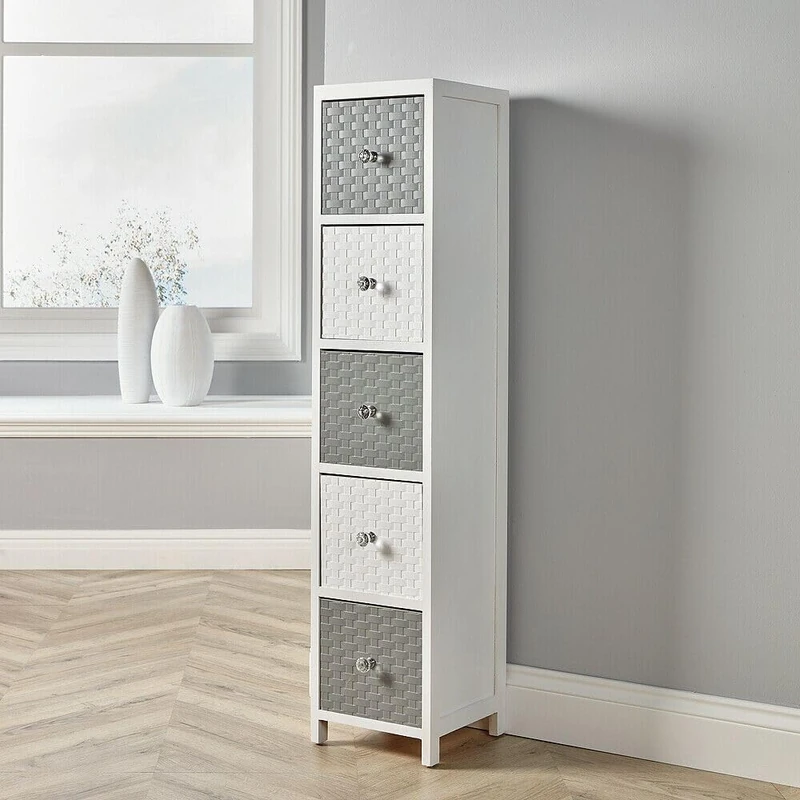 Home Source Chest of Drawers, Wooden Tallboy Storage, Bedroom Bathroom Organiser, Crystal Handles, White and Grey, 5 Drawer