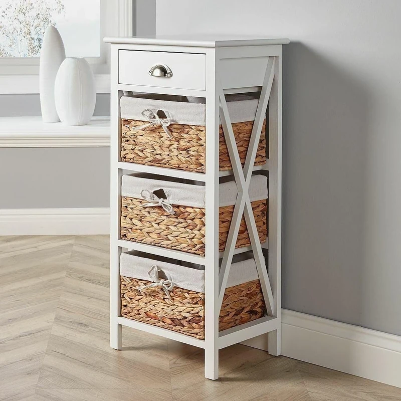 Home Source Bedside Table Storage Cabinet, Wooden Slim Chest with Water Hyacinth Basket Organiser, White, 3 Drawer