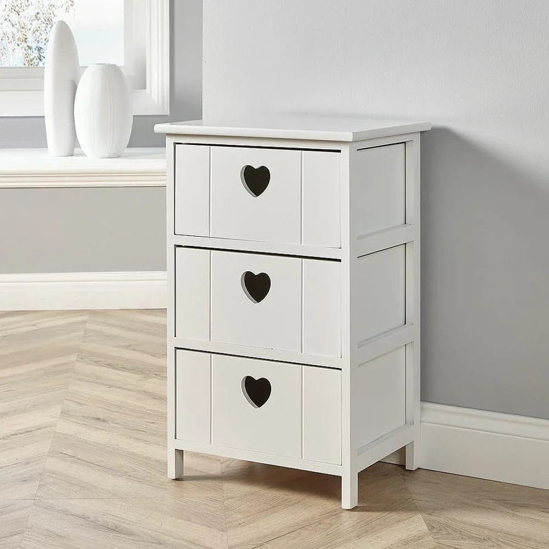 Home Source Bedside Chest of Drawers, Wooden Storage Unit Bedroom Organiser, Love Heart Design, 3 Drawer, White