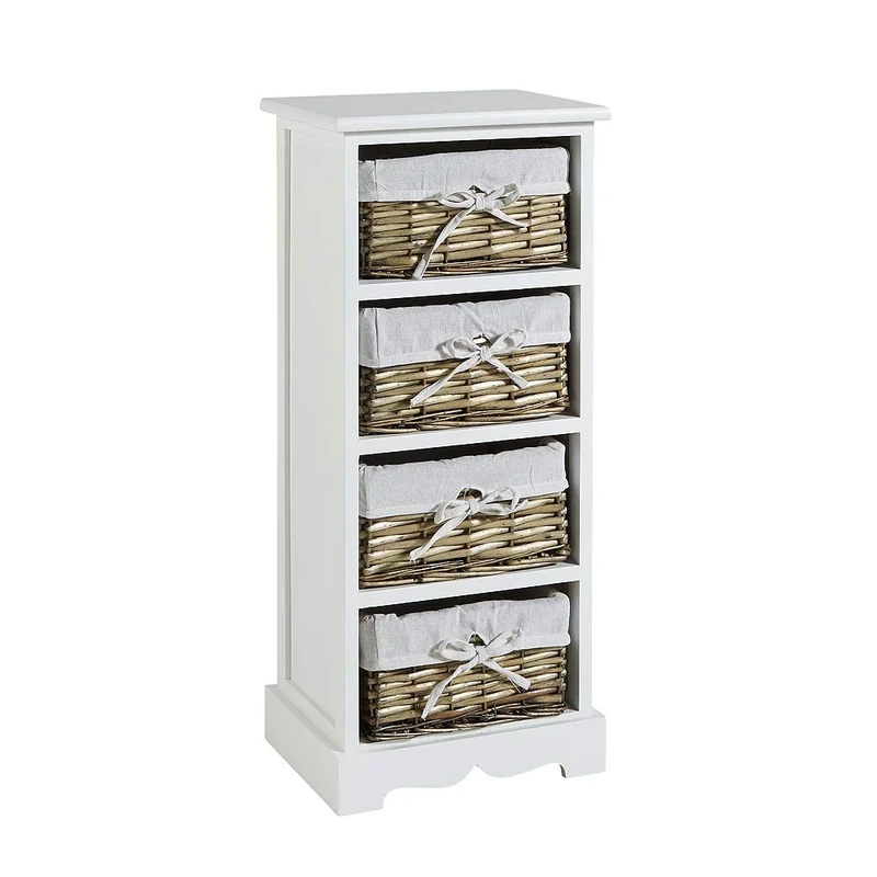 Home Source Bedroom Wooden Storage Unit, Woven Willow Wicker Baskets, 4 Drawer Cabinet Chest, White