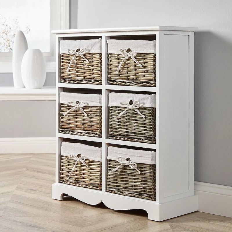 Home Source Bedroom Wooden Storage Unit, Woven Willow Wicker Baskets, 6 Drawer Wide Cabinet Chest, White
