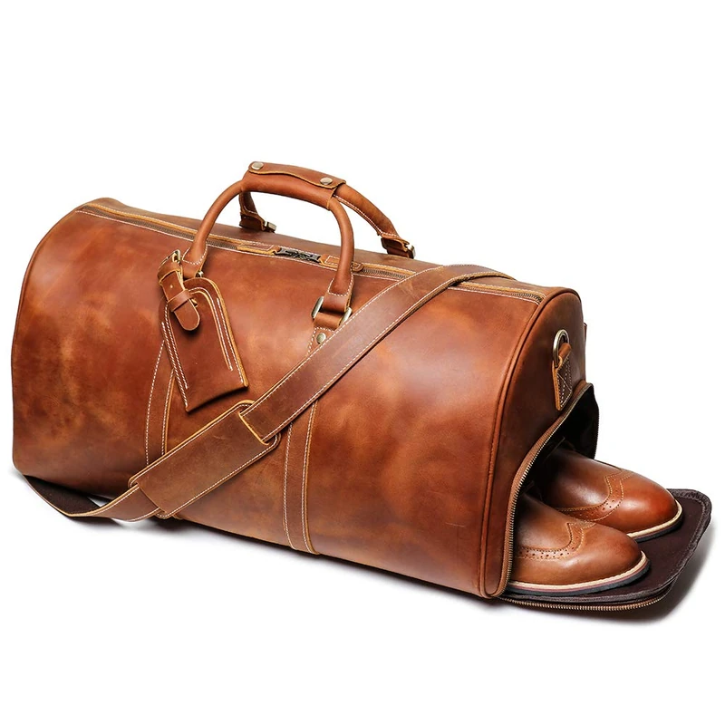 Leathfocus Leather Travel Duffel Bag, Classic Leather Weekend Bag Mens Gift Overnight Retro Sport Gym Carry on Luggage YKK Zipper, Brown, L, X-Large