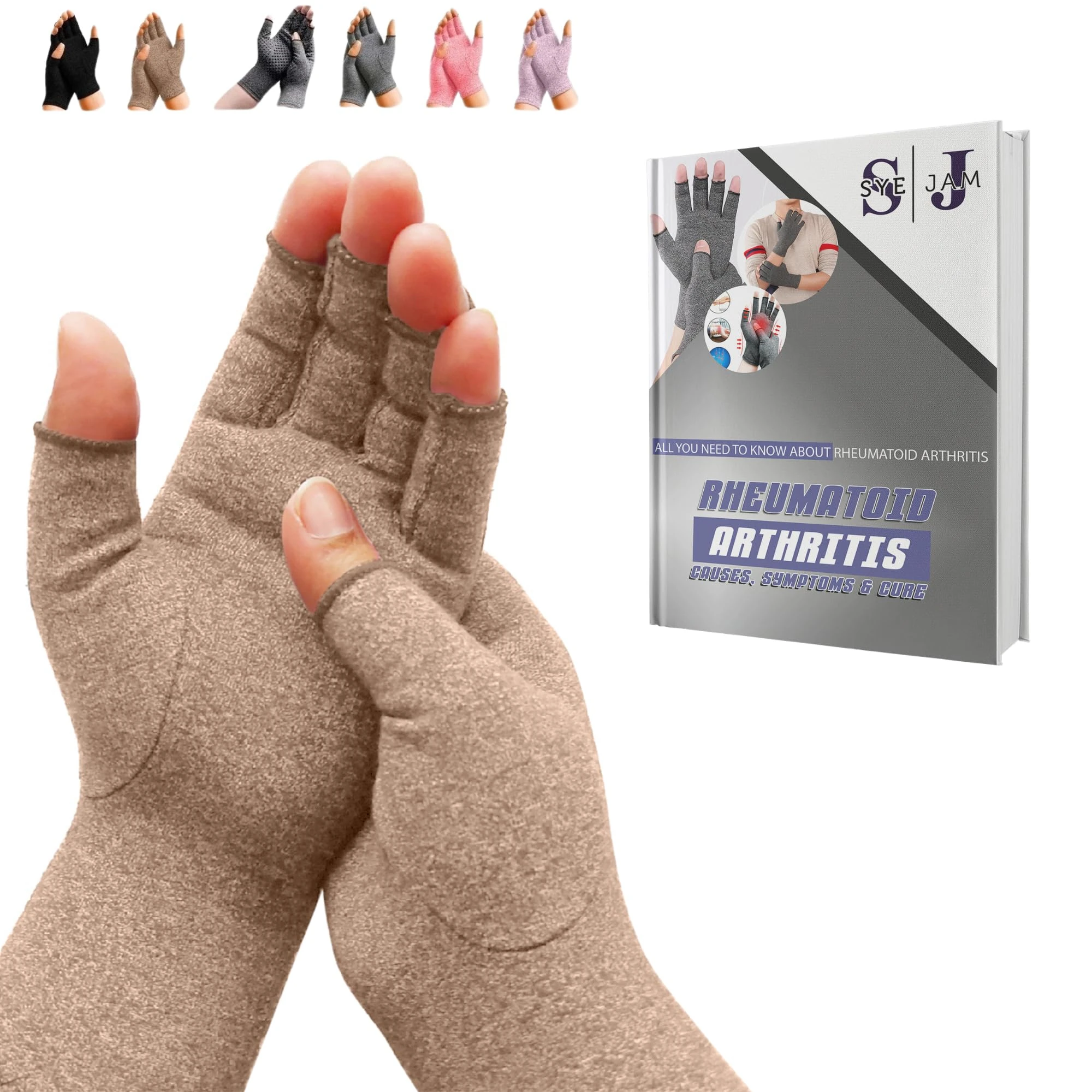 SyeJam Arthritis Gloves Fingerless- Rheumatoid Arthritis Compression Gloves for Pain Relief - Brown (M) 1 Pair