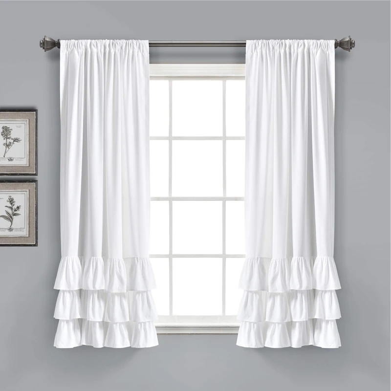 Lush Decor, White Allison Ruffle Curtains Window Panel Set for Living, Dining Room, Bedroom (Pair), 63" x 40", 63" L