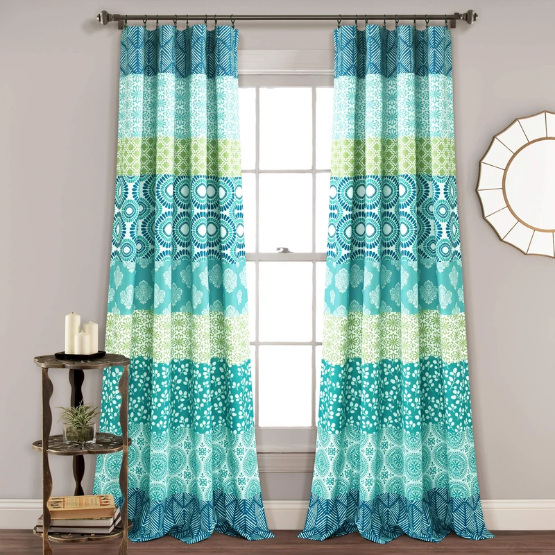 Lush Decor Bohemian Stripe Window Curtain Panels, Pair, 52" W x 84" L, Blue & Green - Colorful Long Curtains - Maximalist & Boho Decor - Boho Curtains For Bedroom, Living Room & Dining Room