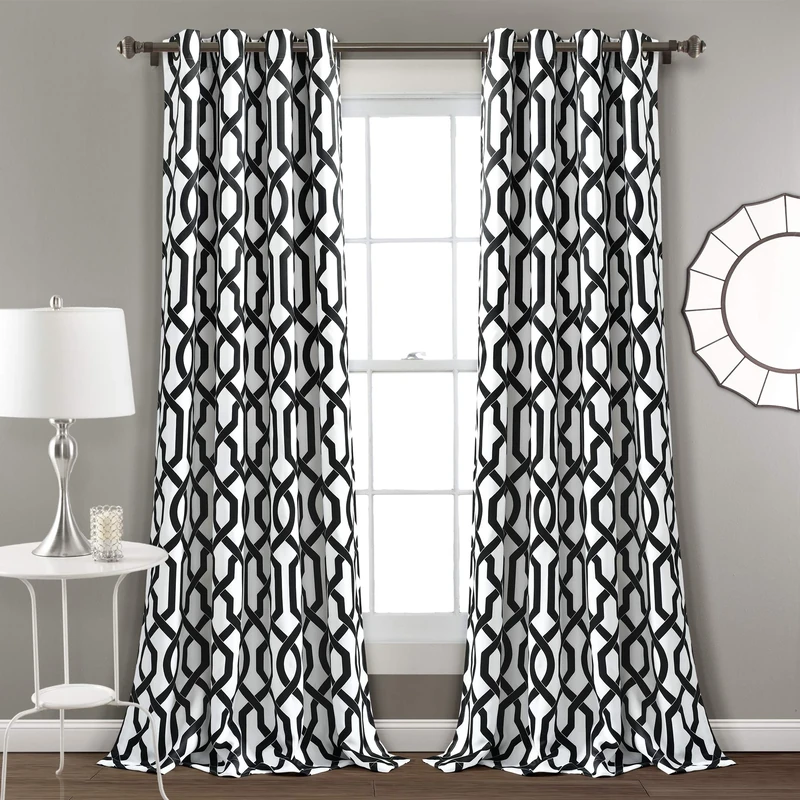 Lush Decor Edward Trellis Curtains Room Darkening White & Black Window Panel Set for Living, Dining, Bedroom (Pair), 84” x 52”, Polyester