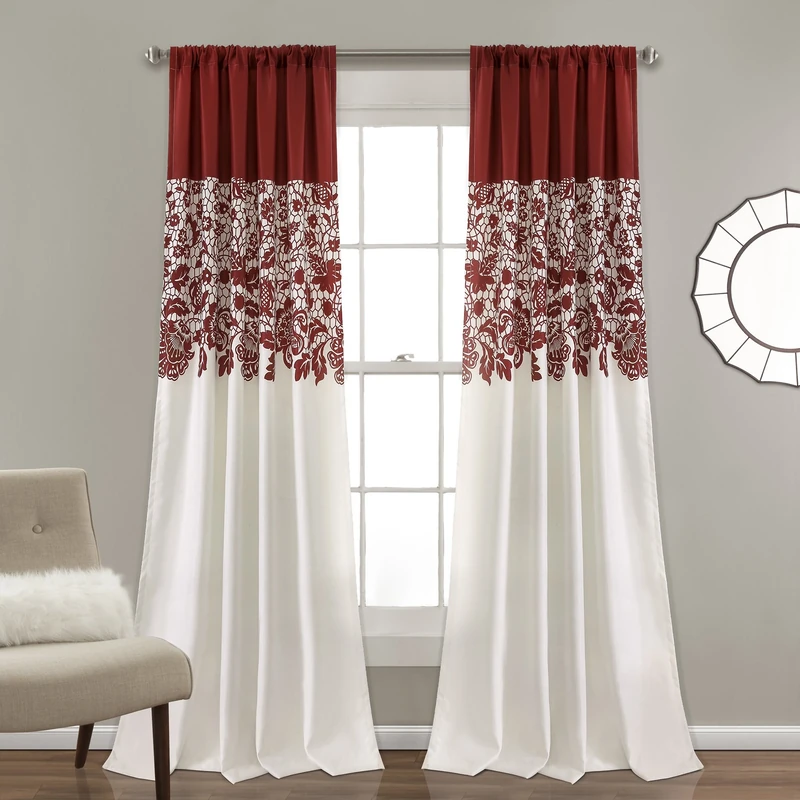 Lush Decor, Red Estate Garden Print Curtains Room Darkening Window Panel Set for Living, Dining, Bedroom (Pair), 95” x 52, 95" x 52"