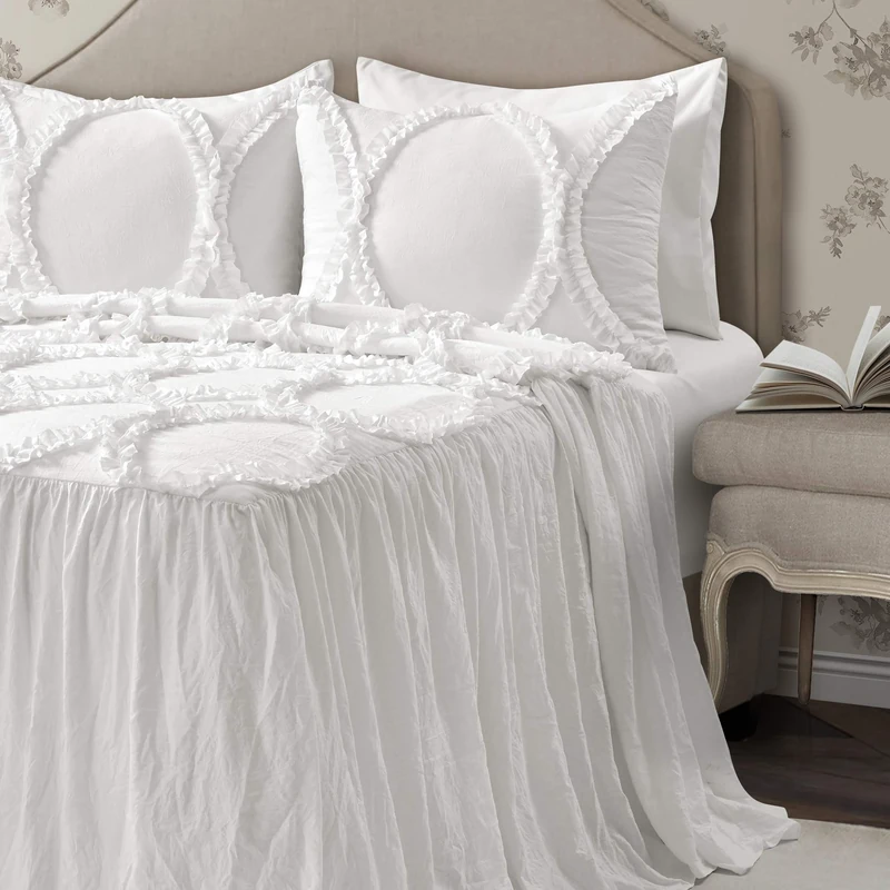 Lush Decor Lush Décor Riviera Ruffle Skirt Bedspread White Vintage Chic Farmhouse Style Lightweight 3 Piece Set Queen, Polyester