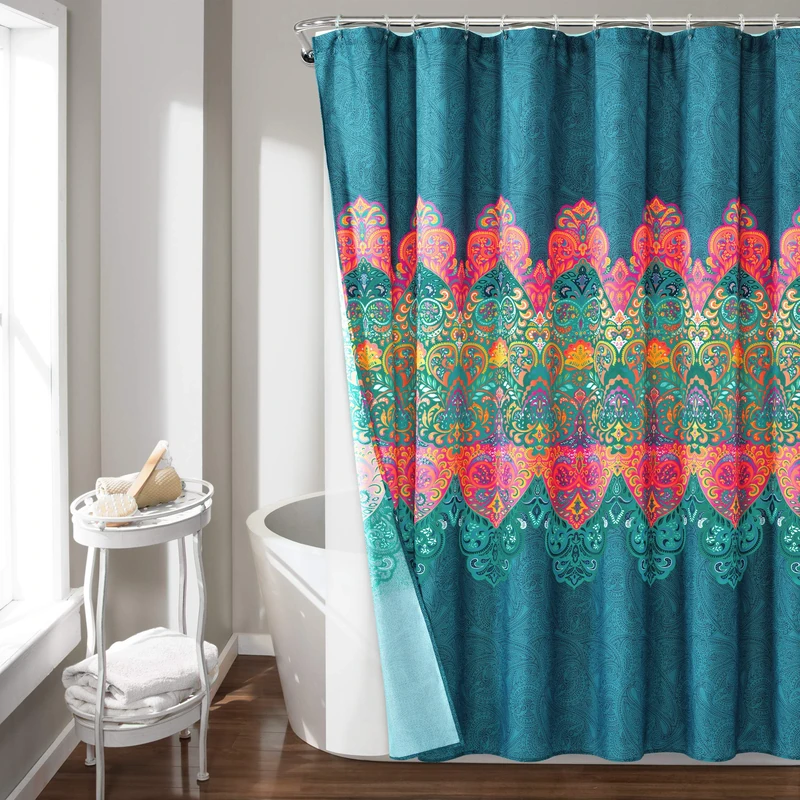 Lush Decor Boho Chic Shower Curtain with Peva Lining and Rings, 14 Piece Complete, 72" x 72", Navy