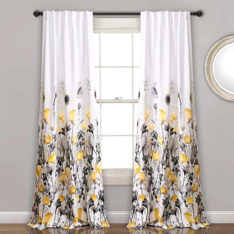 Lush Decor, Yellow and Gray Zuri Flora Curtains Room Darkening Window Panel Set for Living, Dining, Bedroom (Pair), 84” x 52, 84" x 52"