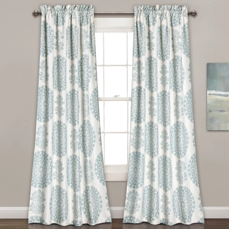 Lush Decor, Blue Evelyn Medallion Room Darkening Window Curtain Panel Pair, 95" x 52" + 2" Header