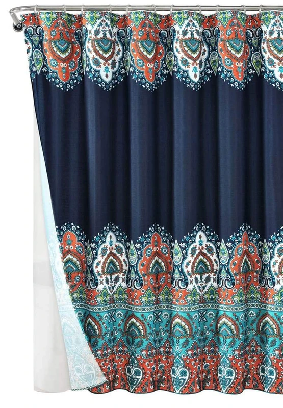 Lush Decor Navy Bohemian Meadow Polyester Shower Curtain with Lining and Rings (72" x 72")