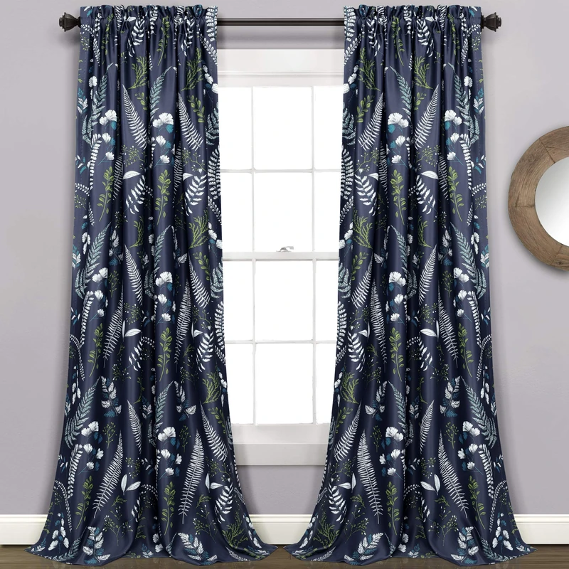 Lush Decor Devonia Allover Light Filtering Window Curtain Panel Pair, 52" W x 95" L, Navy & Green