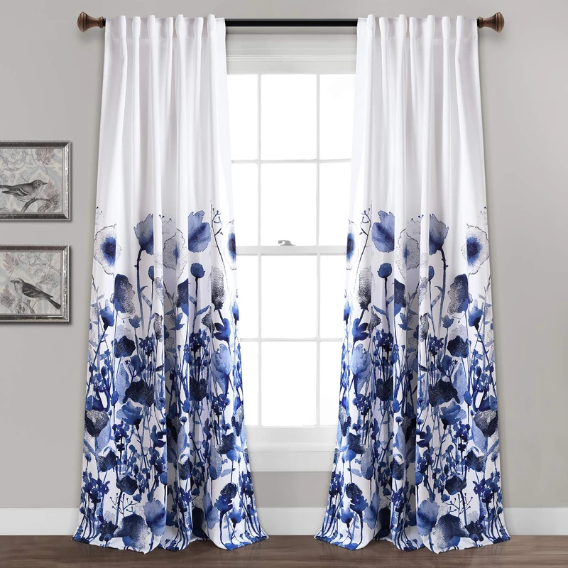 Lush Decor Zuri Flora Curtains Room Darkening Window Panel Set for Living, Dining, Bedroom (Pair), Navy, Polyester, 52" W x 95" L