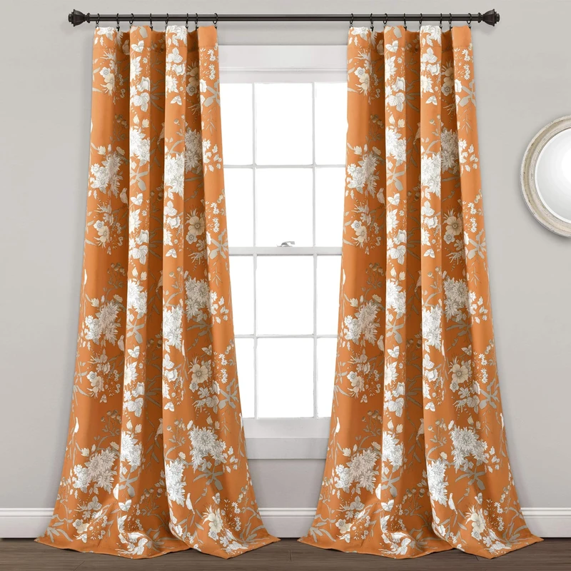 Lush Decor Botanical Garden Curtains Floral Bird Print Light Filtering Window Panel Drapes Set for Living, Dining, Bedroom (Pair), Orange, 52" W x 95L