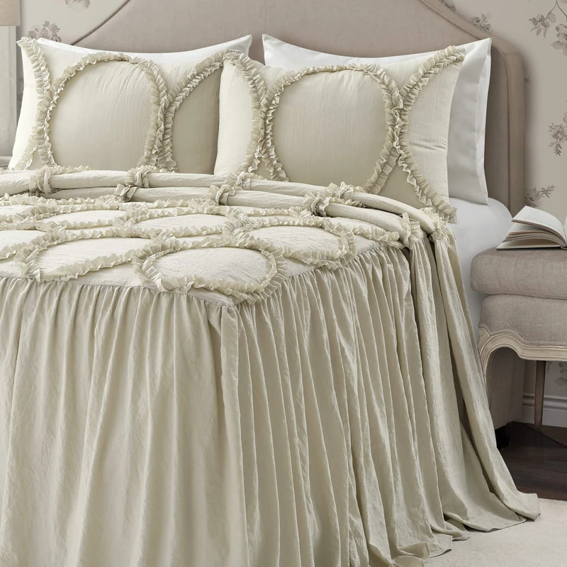 Lush Decor Lush Décor Riviera Ruffle Skirt Bedspread Neutral Vintage Chic Farmhouse Style Lightweight 3 Piece Set King, Polyester