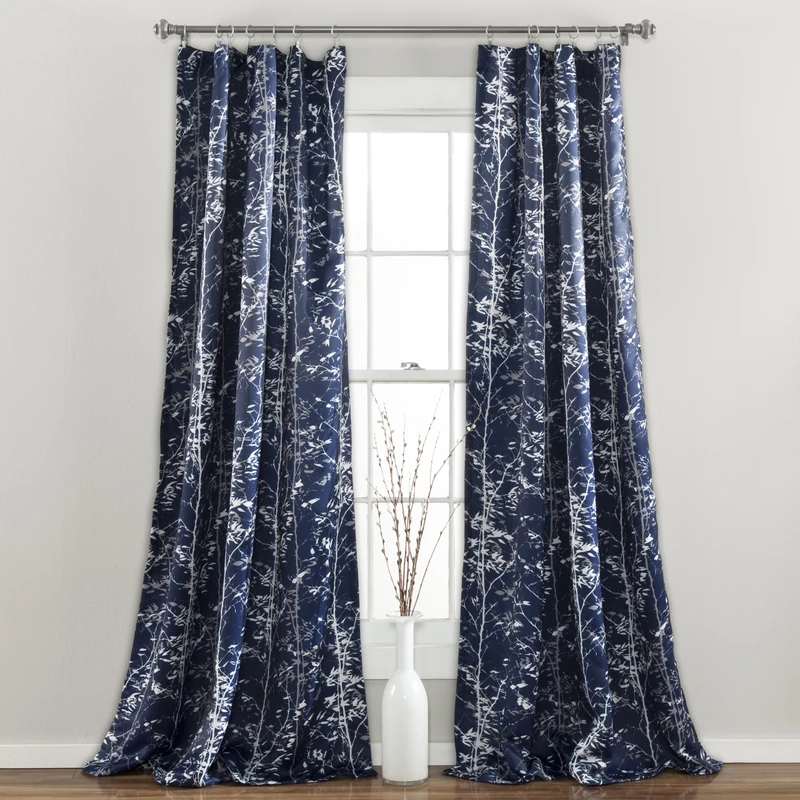 Lush Decor, Navy Forest Curtains Tree Branch Leaf Darkening Window Panel Drapes Set for Living, Dining, Bedroom (Pair), 95" x 52"