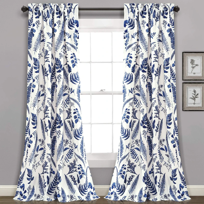 Lush Decor White-and-Navy Devonia Room-Darkening Window Curtain Set (95" x 52")