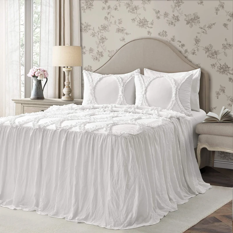 Lush Decor Lush Décor Riviera Ruffle Skirt Bedspread White Shabby Chic Farmhouse Style Lightweight 3 Piece Set King, Polyester